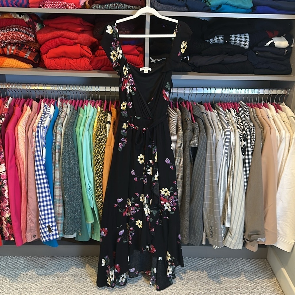 Adam Levine black/pink/yellow floral belted high low v neck maxi dress size XS